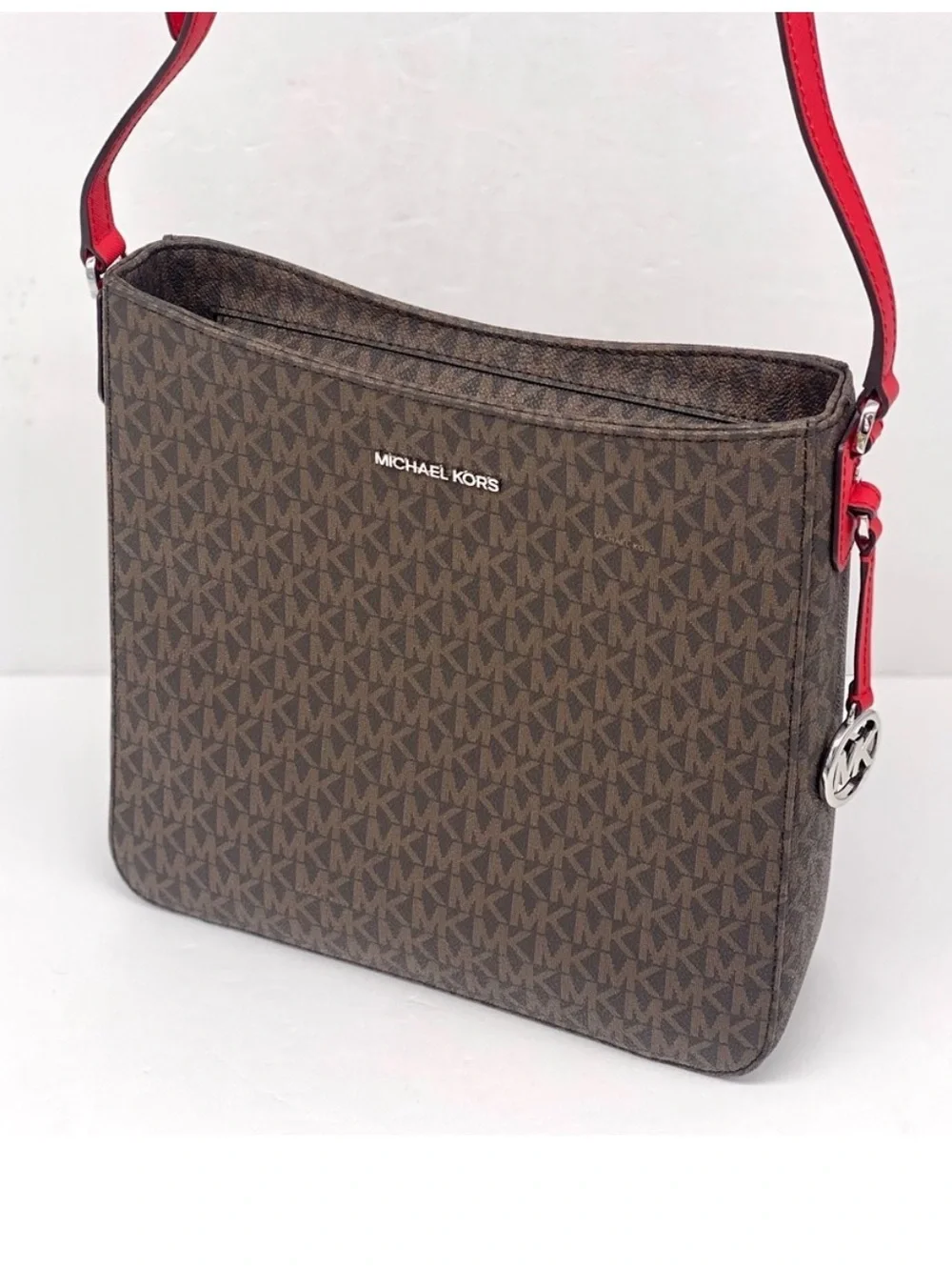 Michael Kors Brown Monogram Crossbody with Red Strap
